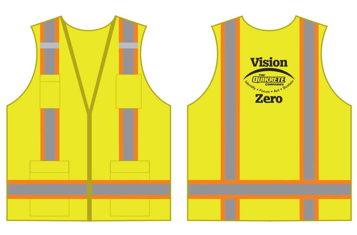 PIP XL Hi-Vis Yellow ANSI Type R Class 2 Two-Tone Eleven Pocket Surveyors Vest with Solid Front, Mesh Back and Quikrete Vision Zero Logo